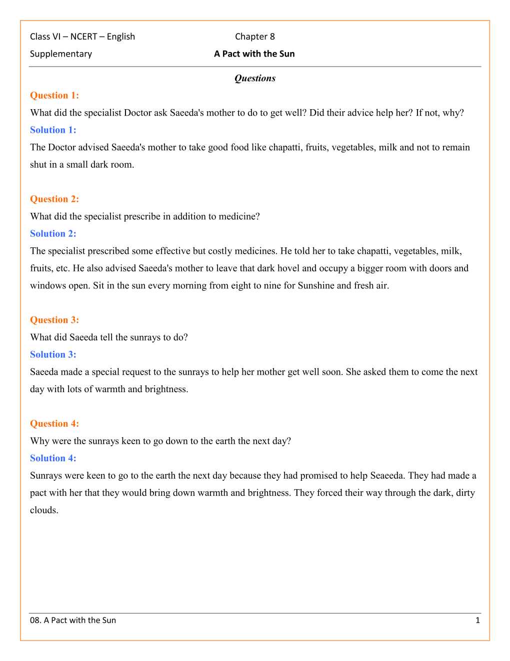 NCERT Solutions For Class 6 English A Pact With The Sun Chapter 8