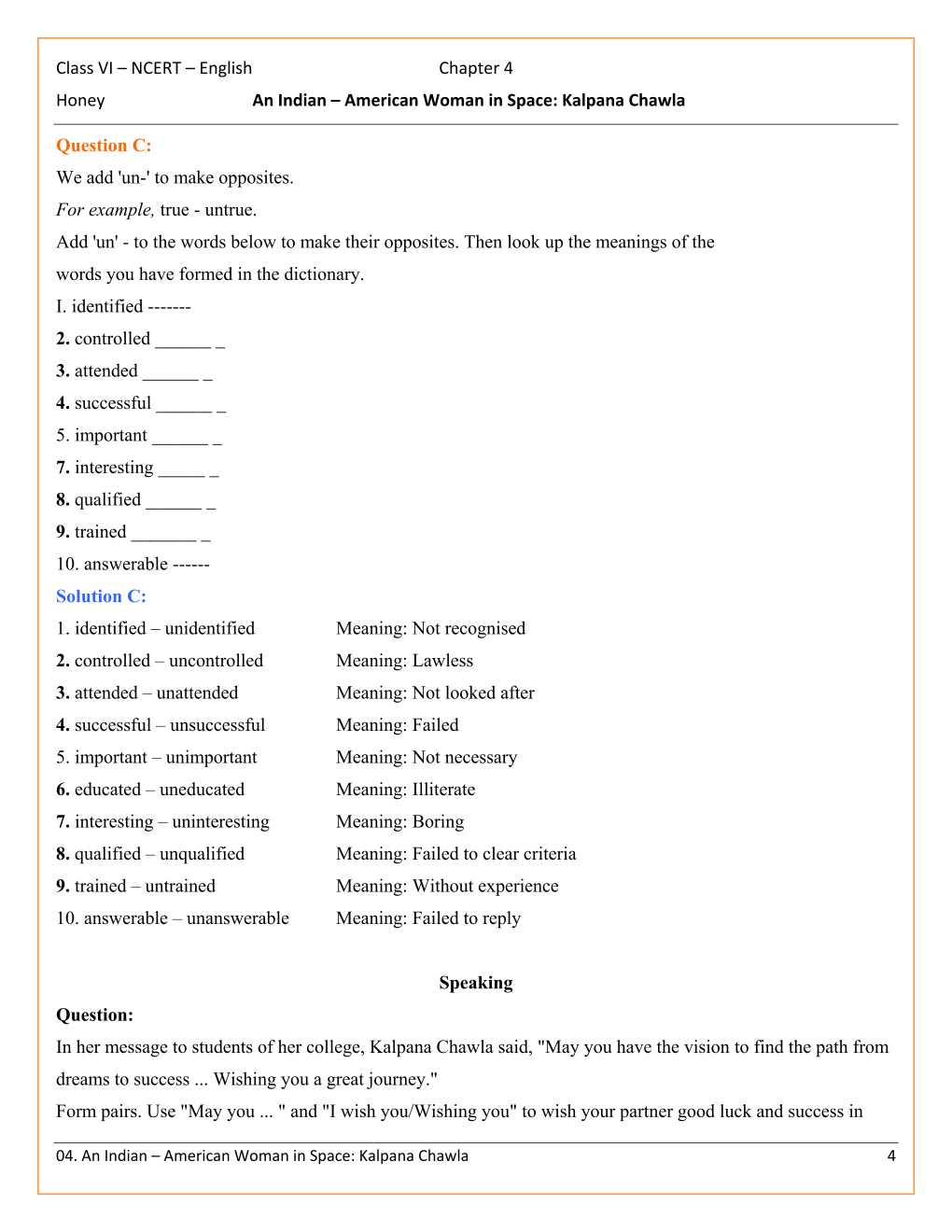 NCERT Solutions For Class 6 English Honeysuckle Chapter 4