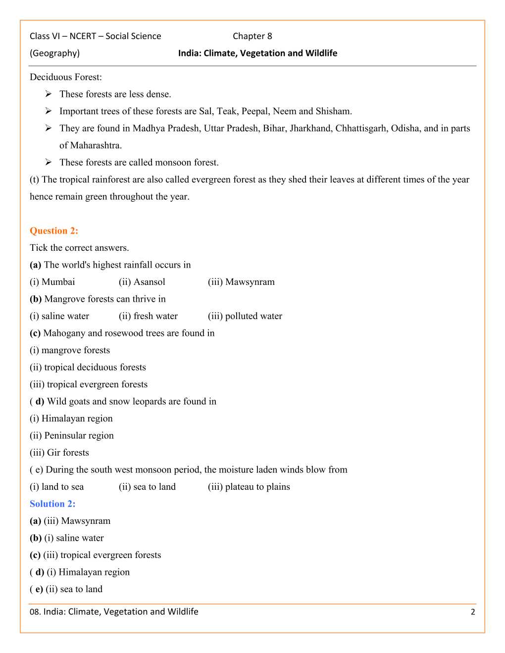 NCERT Solutions For Class 6 Social Science The Earth Our Habitat Chapter 8