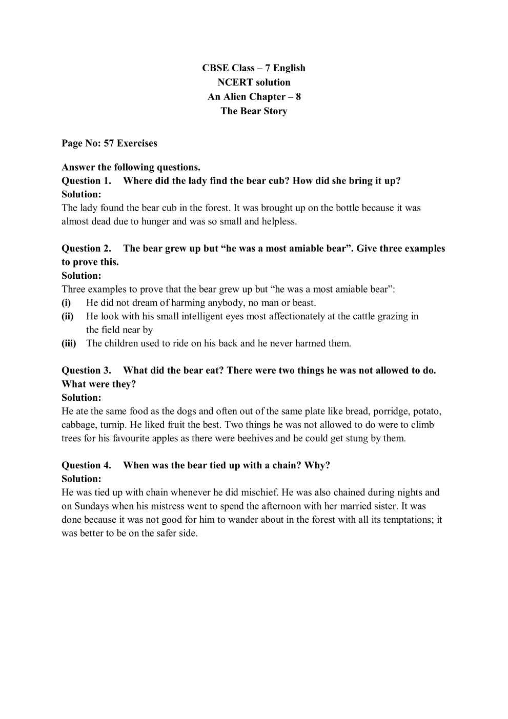NCERT Solutions For Class 7 English An Alien Hand Chapter 8 The Bear Story