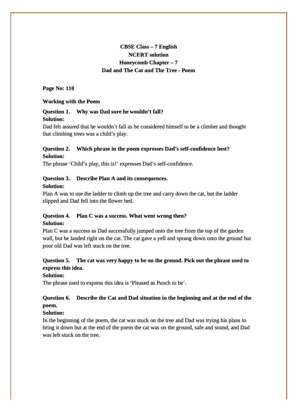 NCERT Solutions For Class 7 English Honeycomb Poem Chapter 7 Dad and the Cat and the Tree 