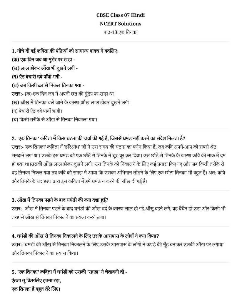 NCERT Solutions For Class 7 Hindi Vasant Chapter 13 EK TINAKA