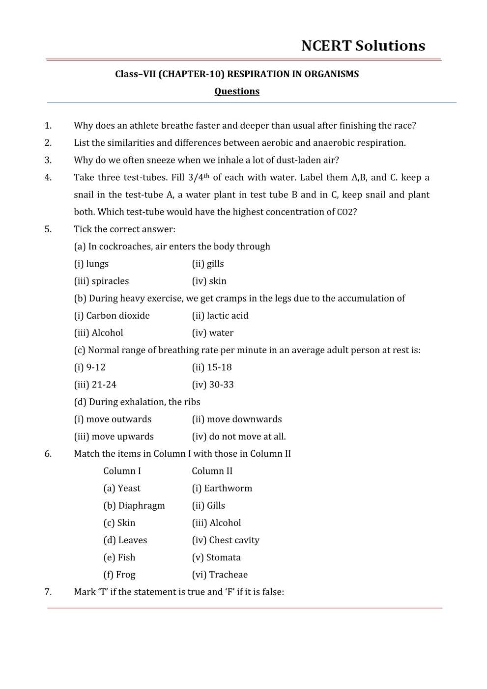 NCERT Solutions For Class 7 science Chapter 10 Respiration in Organisms