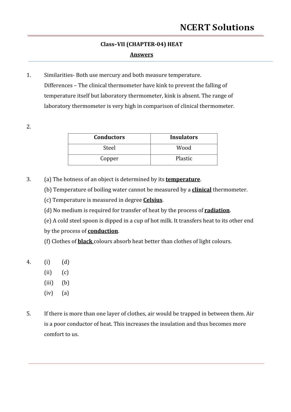 NCERT Solutions For Class 7 science Chapter 4 Heat